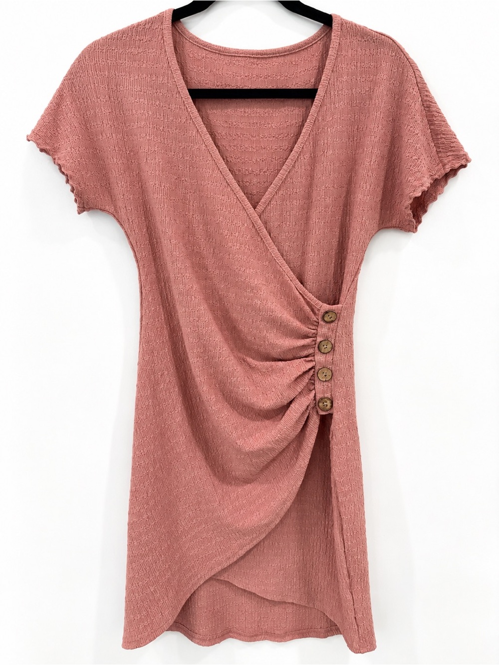 SHEIN Dusty Rose Ruched Wrap Mini Dress Button Detail Size